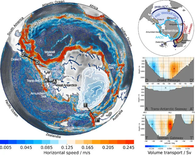 Mapa de la Corriente Circumpolar Antártica rodeando la Antártida
